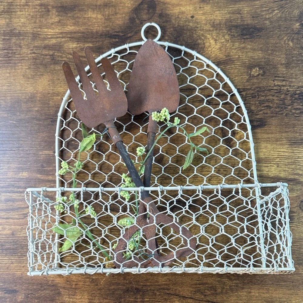 Rustic Brown and Cream Wall Decor with Garden Tools